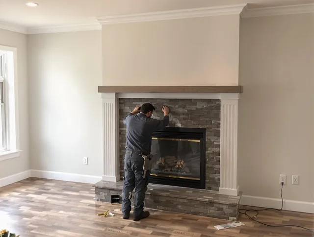 Brooklyn Chimney Sweep finishing a custom fireplace install in Brooklyn, OH